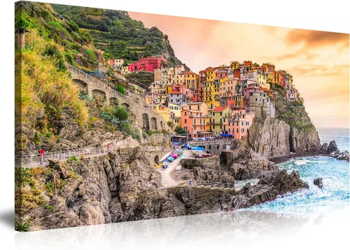 Vista 20 de NAN Wind 3 piezas de lienzo moderno pintura de pared paisaje urbano tradicional puerto mediterráneo mar Cinque Terre Italia costa paisaje impresión