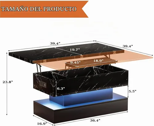 Vista 2 de SYESWAY Mesa de Centro Elevable de 39.4" con Estación de Carga, Mesa de Centro Multifuncional 4 en 1 con Almacenamiento y Compartimentos Ocultos