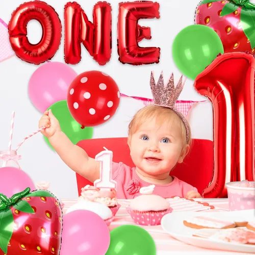 Vista 7 de Whaline 30 piezas de decoración de primer cumpleaños de fresa, globos número uno, letras UNO, globos de fresa, globos rosados y verdes para bayas