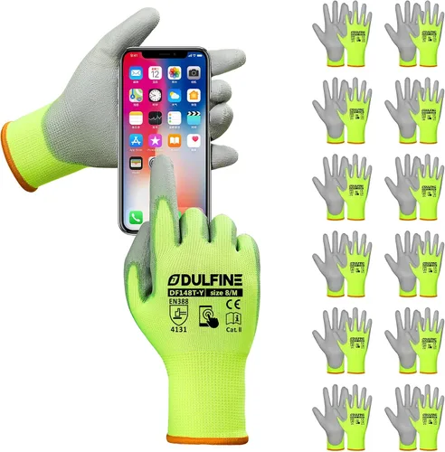 Vista 30 de DULFINE Guantes de trabajo ultrafinos con revestimiento de PU - 12 pares, excelente agarre, carcasa de nylon guantes de trabajo de seguridad