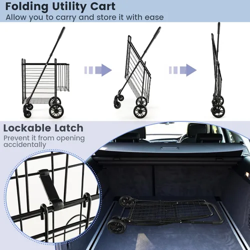 Vista 5 de Goplus Carrito Plegable de Compras de Utilidad, Cesta Doble y Ruedas Giratorias de 360°, Mango Ajustable, Carrito Pequeño Perfecto para Comestibles