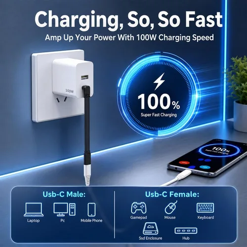 Vista 5 de Xthrotsenk 2 cables de extensión USB-C de 90 grados, plano de 4 pulgadas, macho a hembra, USB C a USBC en ángulo recto, cable de carga USBC de 3.9