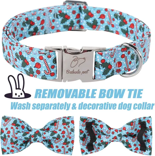 Vista 6 de Collar de Navidad para Perro con Pajarita - Lindo Collar de Cachorro Azul con Patrón Navideño de Cereza y Caramelo, Hebilla de Metal Ajustable