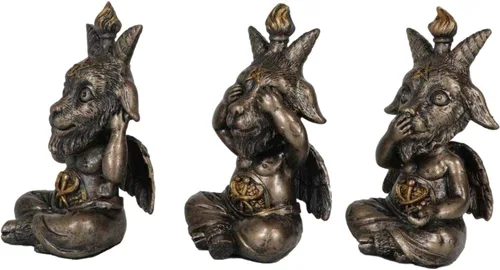 Vista 2 de Ebros - Juego de 3 figuras de Samael Lilith See Hear Speak No Evil Baphomets de LaVeyan Devil Baphomet The Caduceus Symbol Altar Accent Statues