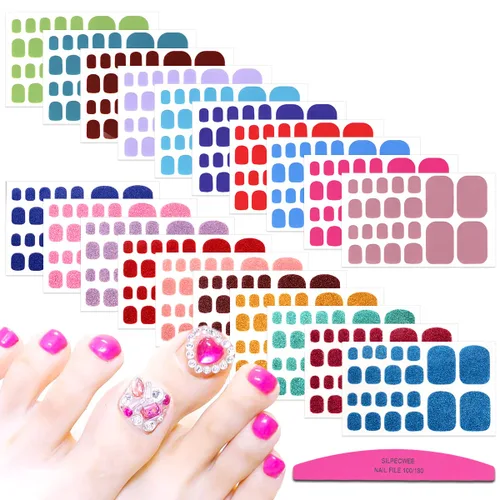 Vista 10 de 20 hojas de tiras de esmalte de uñas de los pies para mujer, calcomanías de color sólido para uñas de los pies, envolturas completas para niñas