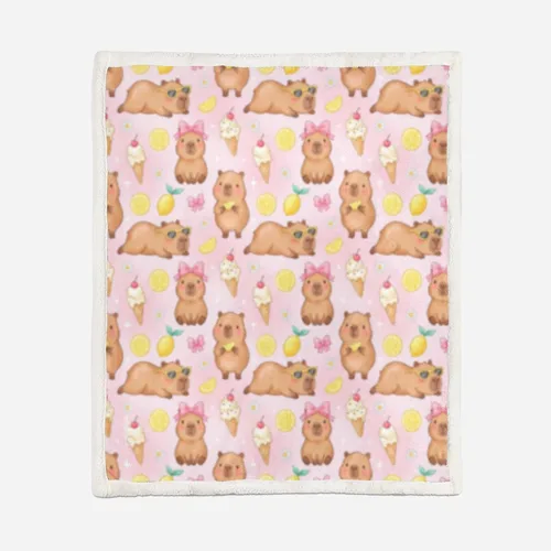 Vista 3 de AILONEN Pink Capybara Throw 47"x31" Fleece Sherpa Blanket, Lemon Ice Cream Cartoon Print Printed Throw Blanket, Sweet Room Theme
