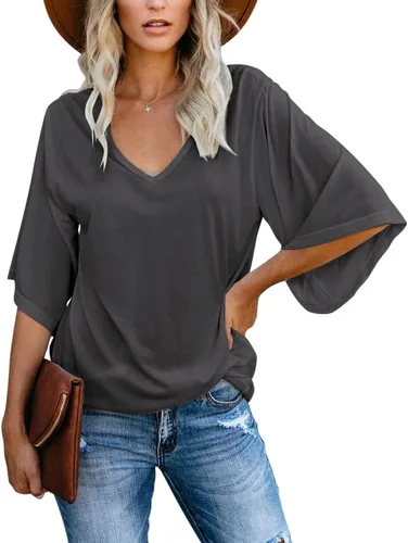 Vista 2 de cordat Blusa suelta para mujer, cuello en V, manga 34 acampanada, longitud hasta el codo, camisetas para mujer