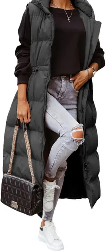 Vista 2 de Tankaneo Chaleco largo acolchado para mujer, ropa de abrigo con capucha y sin mangas, chaleco acolchado de algodón con cremallera completa