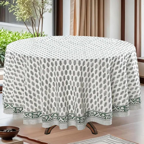 Vista 29 de Mantel redondo con estampado de bloque a mano, 100% algodón, reutilizable, turquesa, verde musgo, 90 pulgadas, mantel decorativo para uso diario