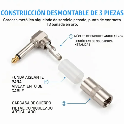 Vista 4 de Enchufe de ángulo recto de 90 grados de audio de 1/4 pulgadas, conector de soldadura TS mono macho resistente de 0.250 in para cables de altavoz