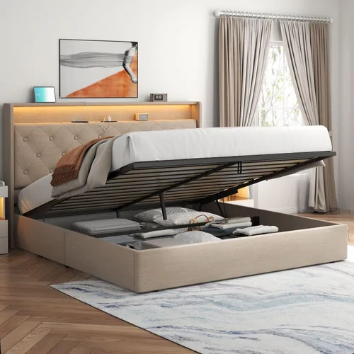 Vista 9 de Loomie Marco de Cama Queen Elevable con Estación de Carga y Luces LED, Cama Tapizada con Cabecera de Almacenamiento Capitoné con Respaldo Alto