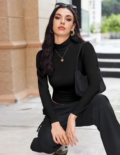 Vista 3 de Ekouaer Camisas de manga larga con cuello alto para mujer, ropa interior térmica, básica, ajustada, para otoño, ligera, a la moda
