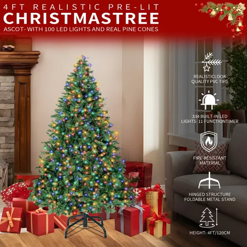 Vista 5 de Árbol de Navidad de 4 pies con luces, árbol de Navidad artificial con 100 luces LED y 334 puntas de ramas, árbol de Navidad con soporte plegable
