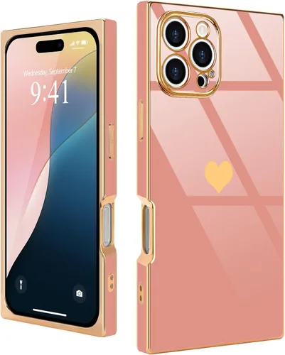 Vista 48 de Compatible con iPhone 12 Funda Rectangular Bonita Chapado Dorado Lujo Corazón de Amor Funda de Teléfono para Mujeres Niñas A Prueba de Golpes