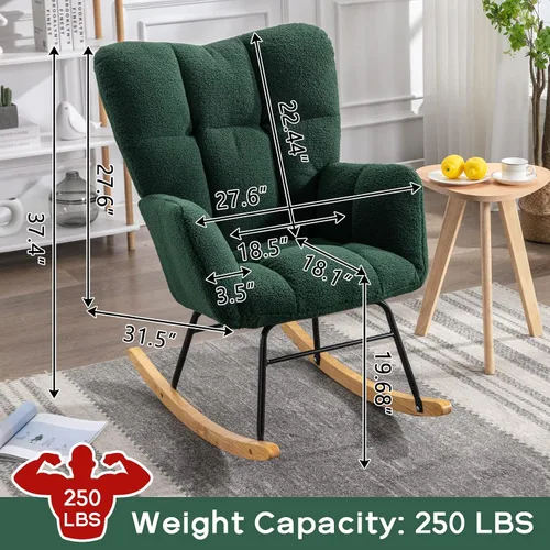 Vista 7 de Silla mecedora moderna para cuarto de bebé, silla deslizadora tapizada con respaldo alto, sillón de acento mecedor con patas de madera maciza