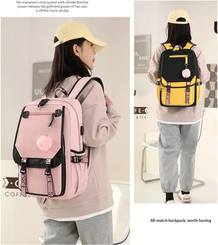 Vista 7 de KUJIAPIN Mochila para niños y niñas, escuela secundaria, estudiantes, mochila para exteriores, Negro Rosa, Mochilas Daypack