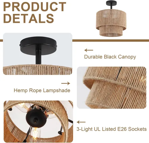 Vista 2 de 12.6" Boho Light Fixtures Ceiling Mount, Coastal Hemp Rope Semi Flush Mount Ceiling Light,3-Light Rustic Rattan Ceiling Light With 2-Tier Drum Shade