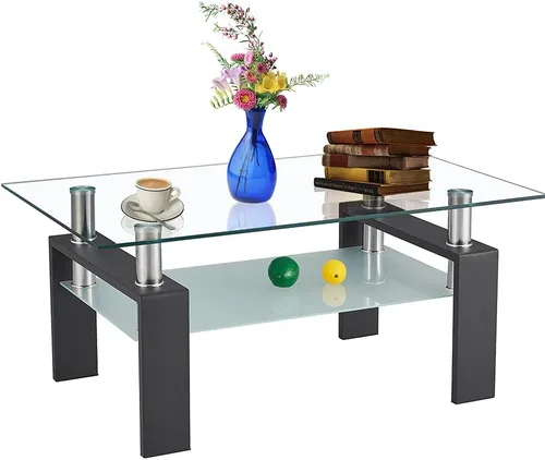 Vista 11 de Mesa de centro rectangular de cristal, moderna mesa de centro lateral con estante inferior, patas de madera para muebles de sala de estar (negro)