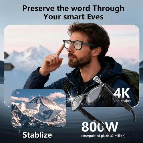Vista 3 de Gafas inteligentes AI con cámara HD 4K y antivibración, ChatGPT gafas de control de voz integradas para grabación de video manos libres, traducción