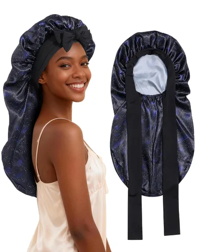 Vista 16 de AWAYTR - Gorro de satén para trenzas y cabello largo durmiendo para mujeres Long Satin Sleep Cap With Adjustable Tie Band, Protecting Braids Curly