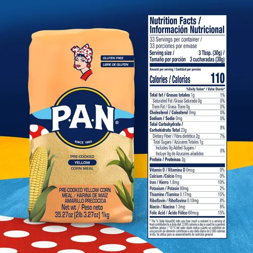 Vista 2 de P.A.N. Harina de Maíz Amarillo - Harina Precocida sin Gluten y Kosher para Arepas, 1 kg (35 oz / 2 lb 3.3 oz)