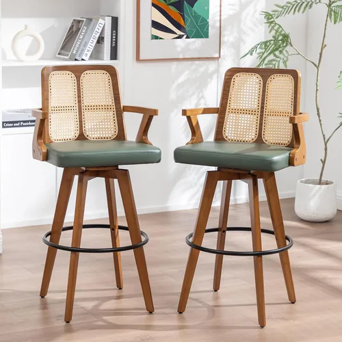 Vista 21 de Juego de 2 Taburetes de Mostrador - Taburetes Giratorios de 27 Pulgadas con Respaldo de Ratán, Brazos Curvos, Asiento Tapizado, Patas de Bambú Nogal