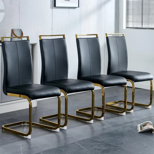 Vista 25 de gopop Juego de sillas de comedor, sillas modernas de metal con asiento acolchado de piel sintética, respaldo alto y patas cromadas resistentes, Negro