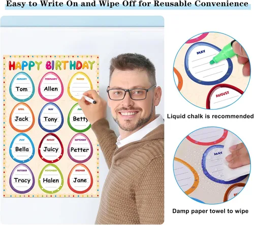 Vista 4 de WhatSign Tabla de feliz cumpleaños – Calendario de aula laminado reutilizable para decoración de tablones de anuncios