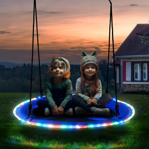 Vista 7 de Trekassy Columpio de árbol de platillo de 40 pulgadas con luces LED para niños y adultos, al aire libre, 2 correas para colgar en árboles, color azul