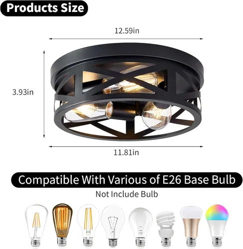 Vista 2 de Lámpara de techo de granja de montaje empotrado de 13 pulgadas color negro - Iluminación de pasillo de 3 luces con base E26, ideal para cocina