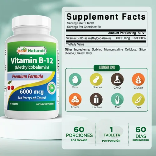 Vista 2 de Best Naturals Vitamina B-12 como metilcobalamina (metil B12), 6000 mcg comprimido, 60