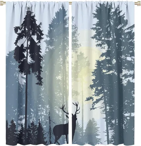 Vista 54 de Cortinas opacas con diseño de ciervos, bosque brumoso, rústico, vida silvestre, alce, montaña, pájaros, pino, bosque, cortinas de ventana