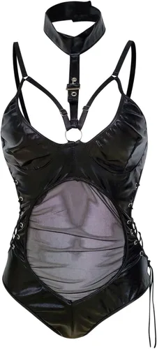 Vista 8 de Lencería para mujer, sexy, traviesa BSDM, de cuero, babydoll de peluche, body de una pieza, halter, negro, tirantes transparentes, 158