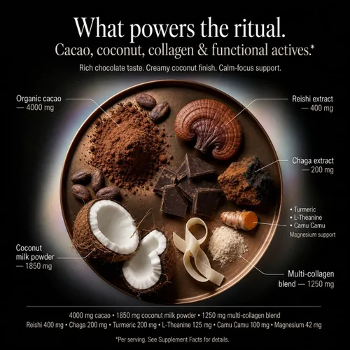 Vista 5 de Mushroom Cacao Organic Powder Sugar Free - 1250mg Multi-Collagen Peptides Blend, Reishi, Chaga, Magnesium, L-Theanine, Turmeric & Camu Camu, 30