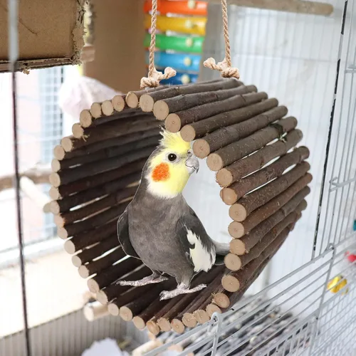Vista 5 de Hamaca de loro de madera de manzana natural y cuevas de árboles, accesorios de jaula para pájaros pequeños, periquitos, cacatúas, tortolitos