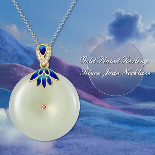 Vista 4 de JKR Round Jade Necklace Enamel ButterflyFlowerLeaf Sterling Silver Circle Jade Pendant Jewelry Mothers Day Birthday Jewelry Gifts for Women Mom Her