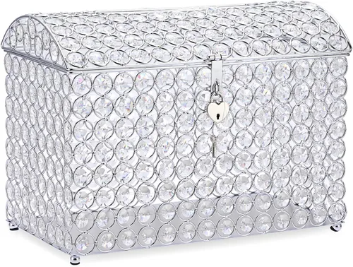 Vista 10 de ELLDOO Caja de tarjetas de boda de cristal con cierre de corazón, 12.6 x 6.3 x 9.4 pulgadas, caja de tarjetas de dinero estilo cofre del tesoro