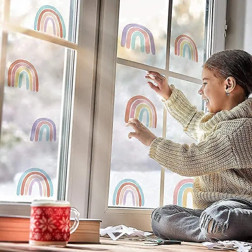 Vista 4 de Calcomanías de pared de arcoíris para dormitorio de niñas, decoración de habitación de niños, papel tapiz autoadhesivo de arco iris, vinilo mural
