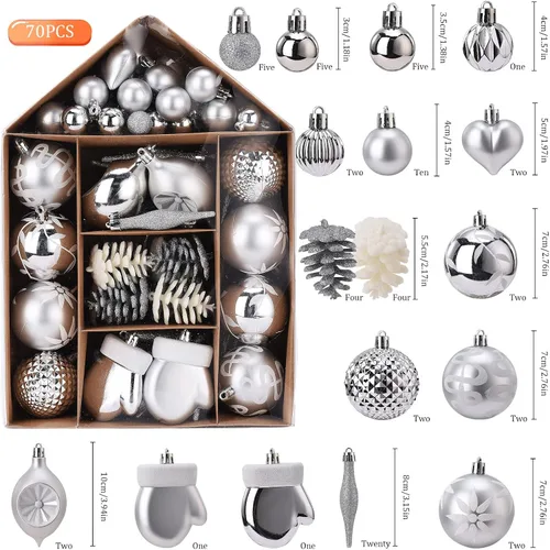 Vista 2 de Adorno para árbol de Navidad, 70 bolas de Navidad, adornos inastillables, esferas colgantes para decoración de festividades, bodas y fiestas