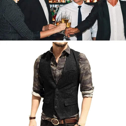 Vista 6 de Chaleco de vestir para hombre, talla grande, con 3 bolsillos, estilo casual, espiga, tweed, ajustado, chaleco sin mangas, para fiesta de graduación