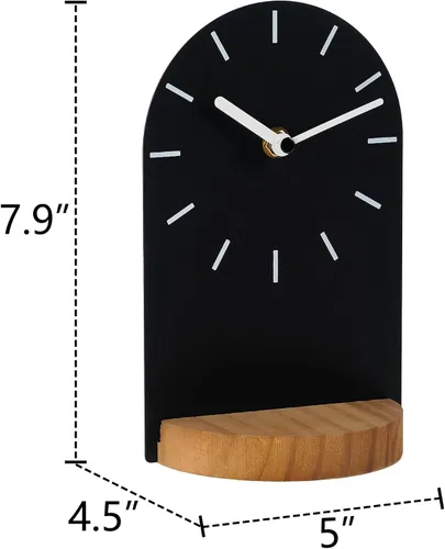 Vista 4 de SOFFEE DESIGN Reloj de mesa de una pieza con hoja de hierro con base de madera, reloj de escritorio sin tictac funciona con pilas para sala de Negro
