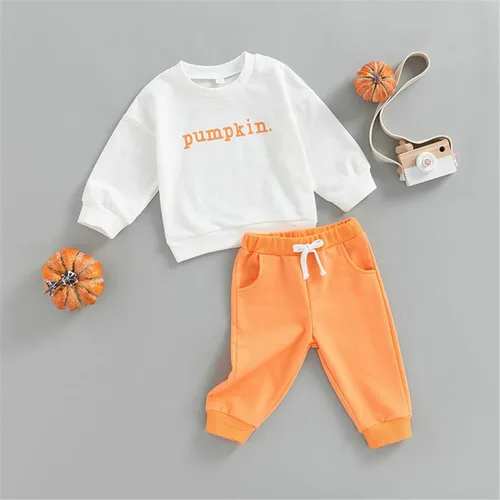 Vista 3 de Conjunto de 2 piezas de ropa de otoño de manga larga con cuello redondo y calabaza