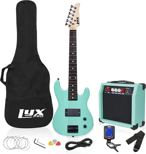 Vista 13 de LyxPro Guitarra eléctrica de 30 pulgadas y kit de iniciación para niños con guitarra para principiantes de tamaño 3/4, amplificador, seis cuerdas