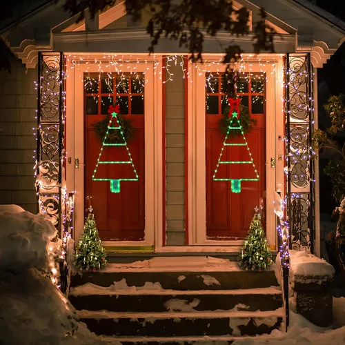 Vista 6 de LYHOPE Decoraciones navideñas - Luces LED de escalera, 2 pies, 8 modos y temporizador, funciona con pilas, verde
