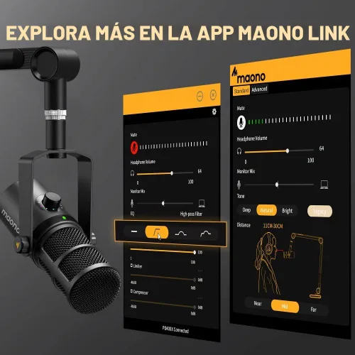 Vista 4 de MAONO Micrófono dinámico, micrófono de PC Podcast USB/XLR con software, ecualizador, toque para silenciar, conector para auriculares, perilla
