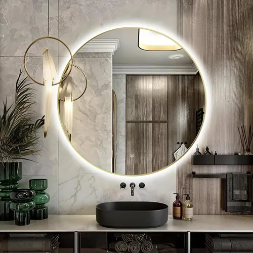 Vista 26 de Espejo de Baño LED Redondo de 24", Espejo de Tocador Retroiluminado Montado en Pared con Marco Biselado de 45°, Espejo Iluminado para Dormitorio