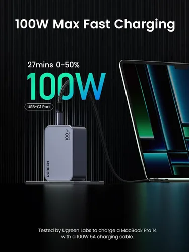 Vista 2 de UGREEN Nexode Pro 100W GaN Cargador de pared USB C, Cargador PPS compacto de 3 puertos y rápido para MacBook Pro/Air, Pixelbook, iPad, serie iPhone