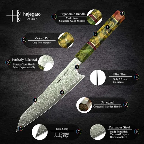 Vista 4 de Cuchillo de chef damasceno pequeño único de una pieza, mango profesional, cuchillo de cocina japonés de 6 pulgadas VG10 de 67 capas de acero