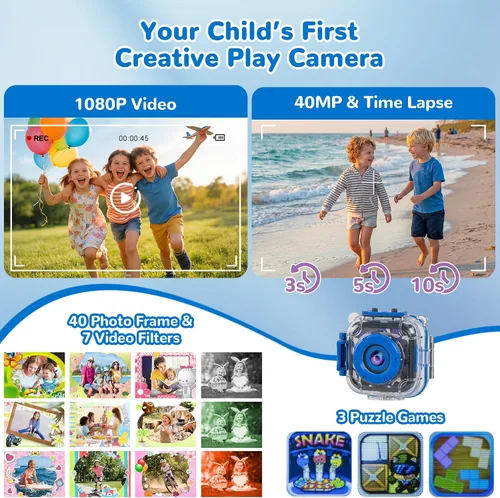 Vista 5 de PROGRACE Cámara impermeable para niños, cumpleaños para niños de 3 a 12 años, cámara de video submarina HD 1080P para niños, juguetes de piscina