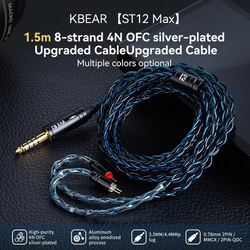 Vista 2 de KBEAR ST12 MAX - Cable IEM de 4.9 ft/4.92 pies, 8 hebras, 4N OFC, chapado en plata, cable de extensión de auriculares de 14 núcleos, cable de Gris